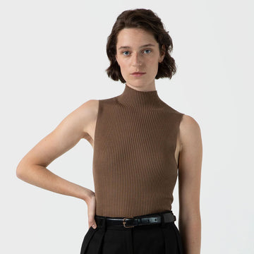 Sunspel Womens Mulberry Silk Rib Vest Jumper Dark Sand - Parasol Store