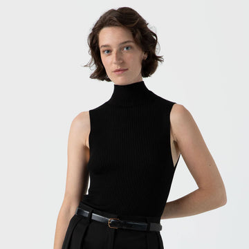 Sunspel Womens Mulberry Silk Rib Vest Jumper Black - Parasol Store