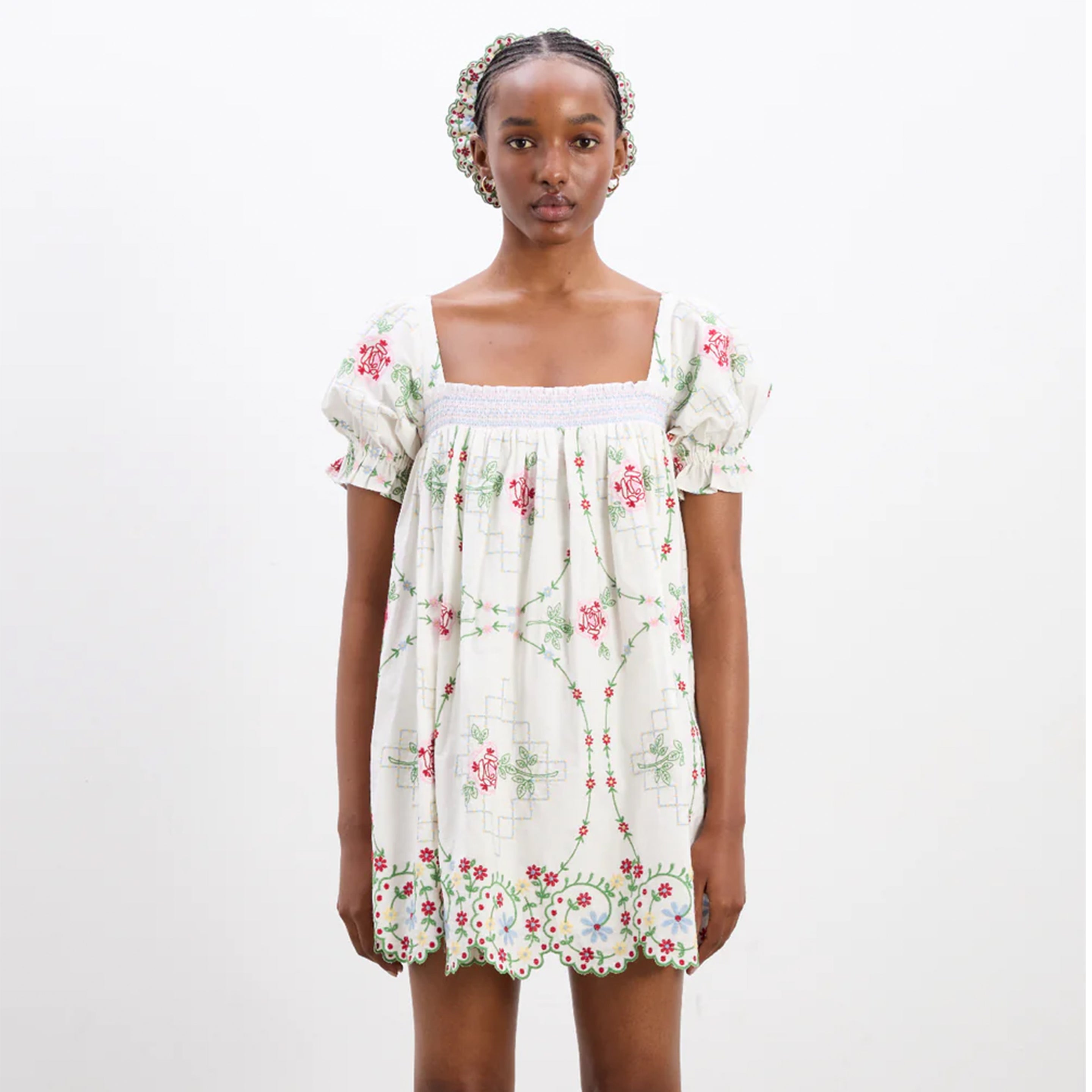 Damson Madder Lulu Mini Dress Rose Embroidery