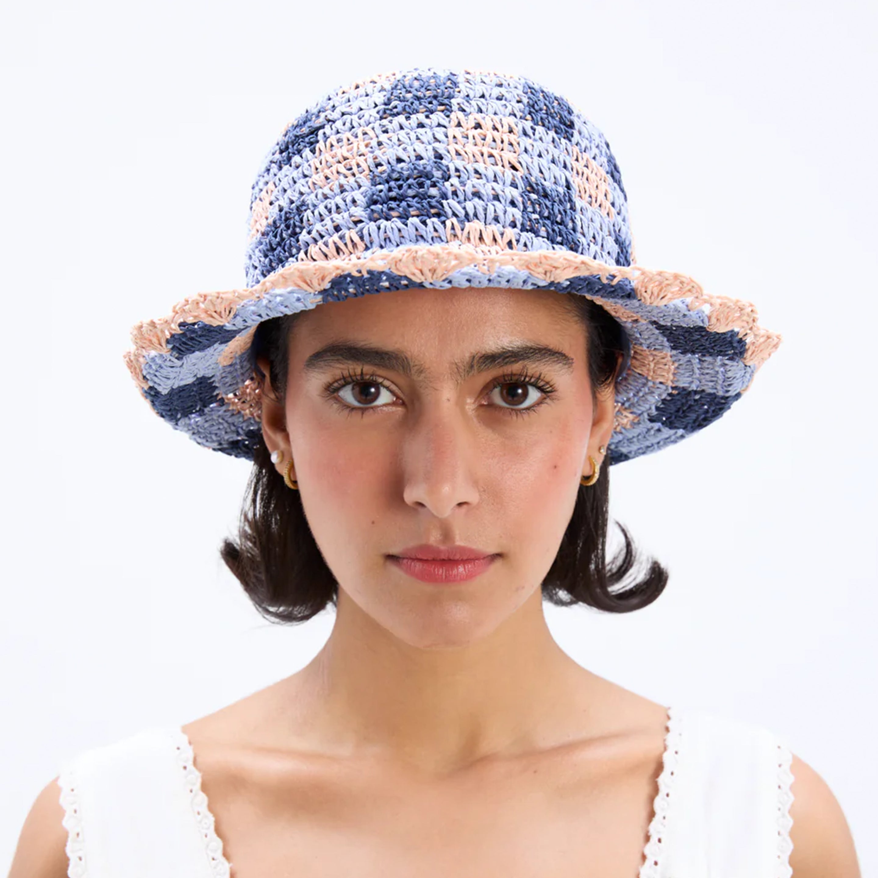 Damson Madder Gingham Straw Bucket Hat Navy & Pale Pink