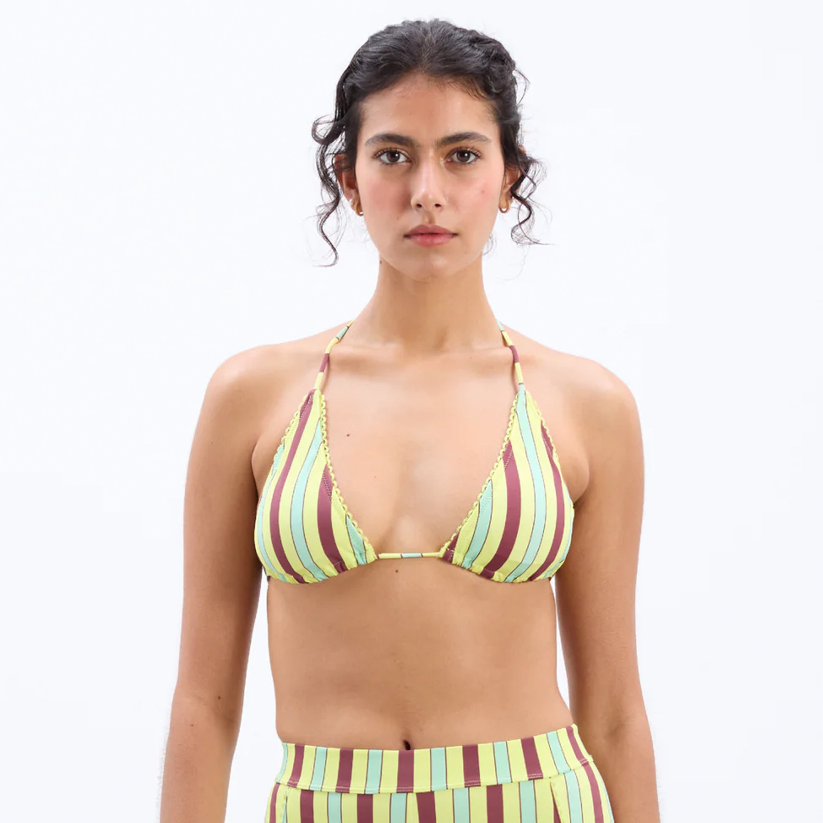 Damson Madder Picot Trim Triangle Bikini Tropical Stripe