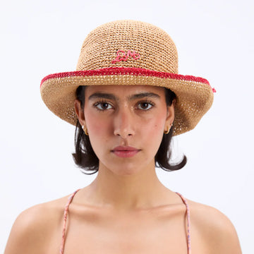 Damson Madder Roll Back Raffia Hat With Red Bow Detail Brown - Parasol Store