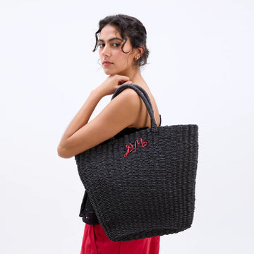 Damson Madder Straw Market Bag With Logo Black - Parasol Store