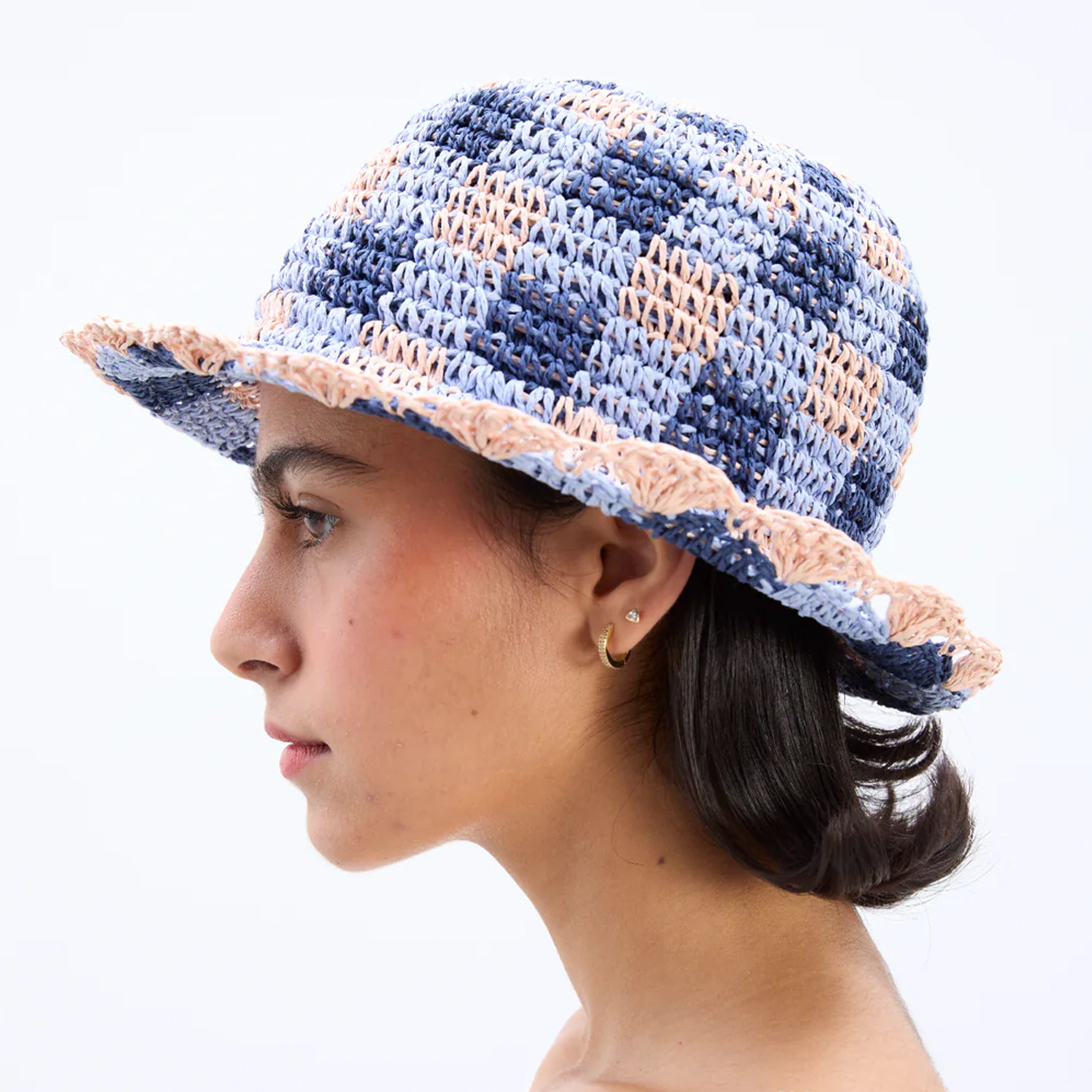 Damson Madder Gingham Straw Bucket Hat Navy & Pale Pink