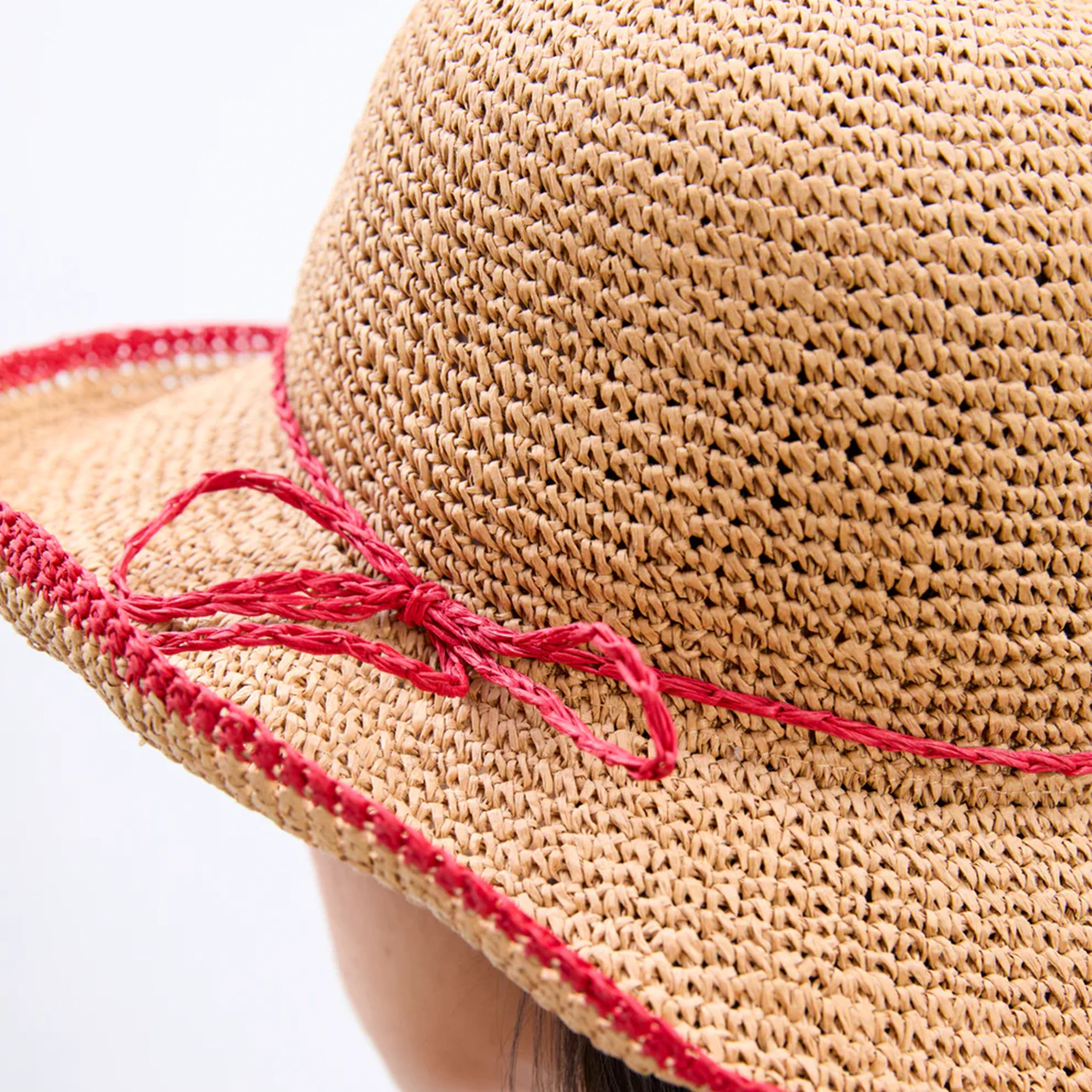 Damson Madder Roll Back Raffia Hat With Red Bow Detail Brown