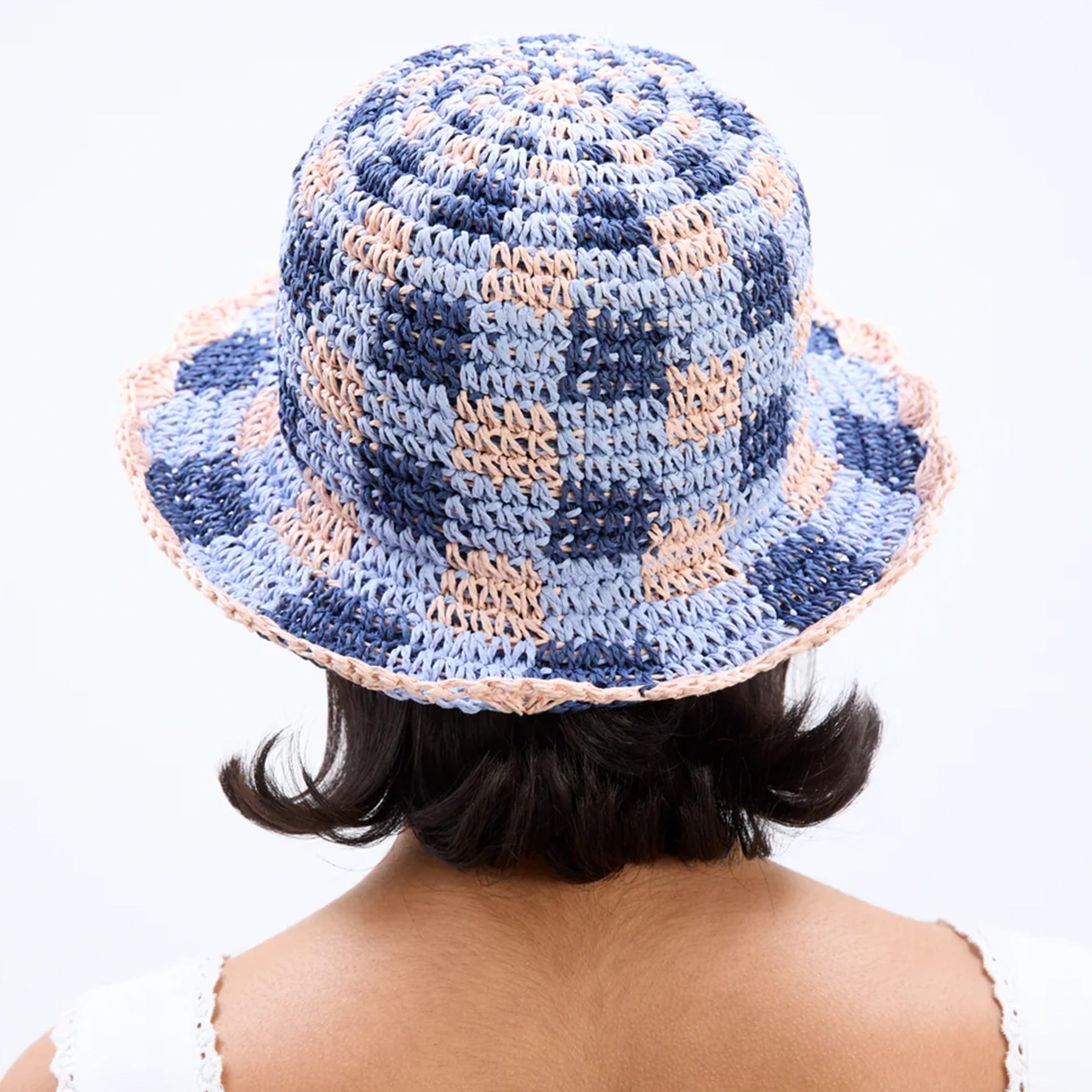 Damson Madder Gingham Straw Bucket Hat Navy & Pale Pink