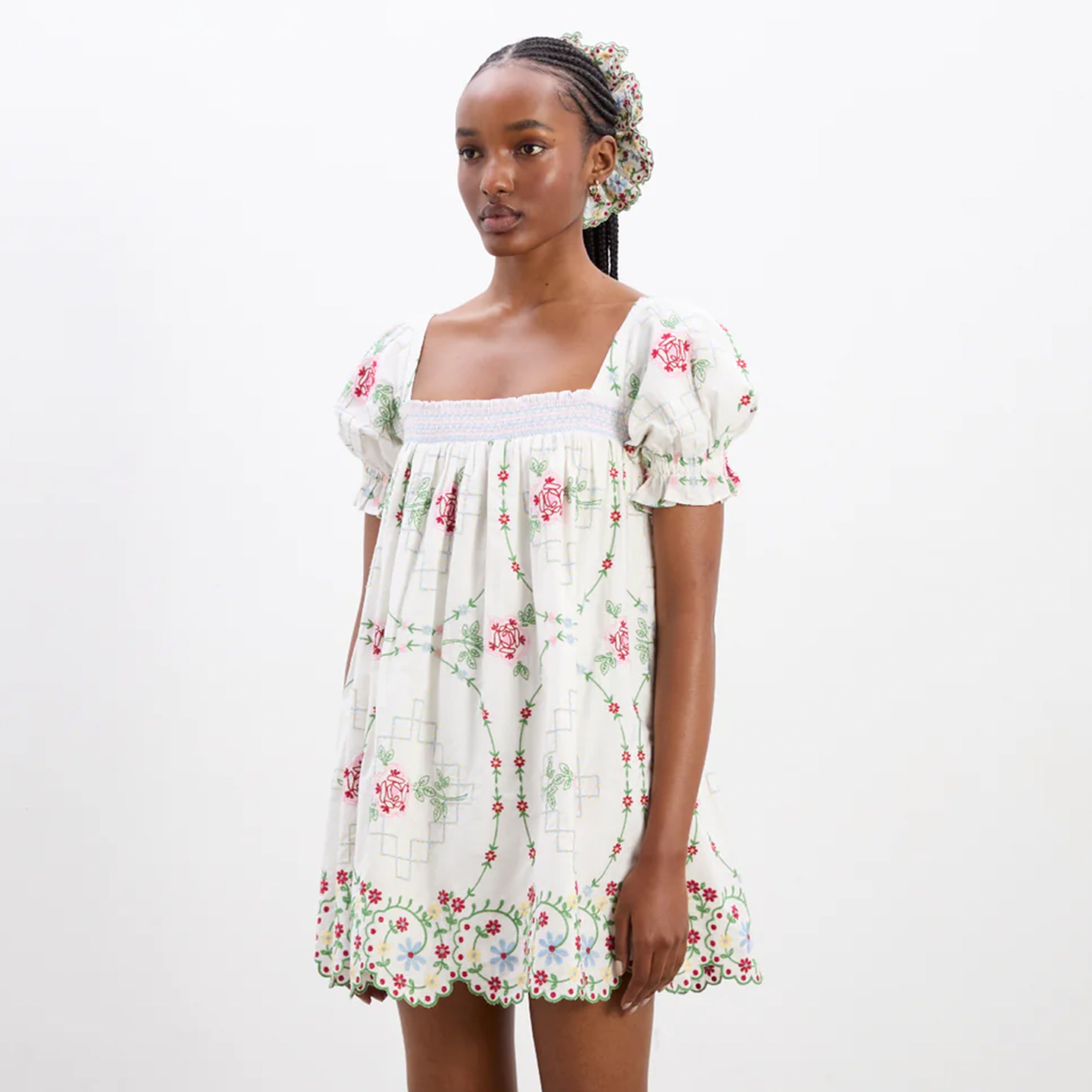 Damson Madder Lulu Mini Dress Rose Embroidery