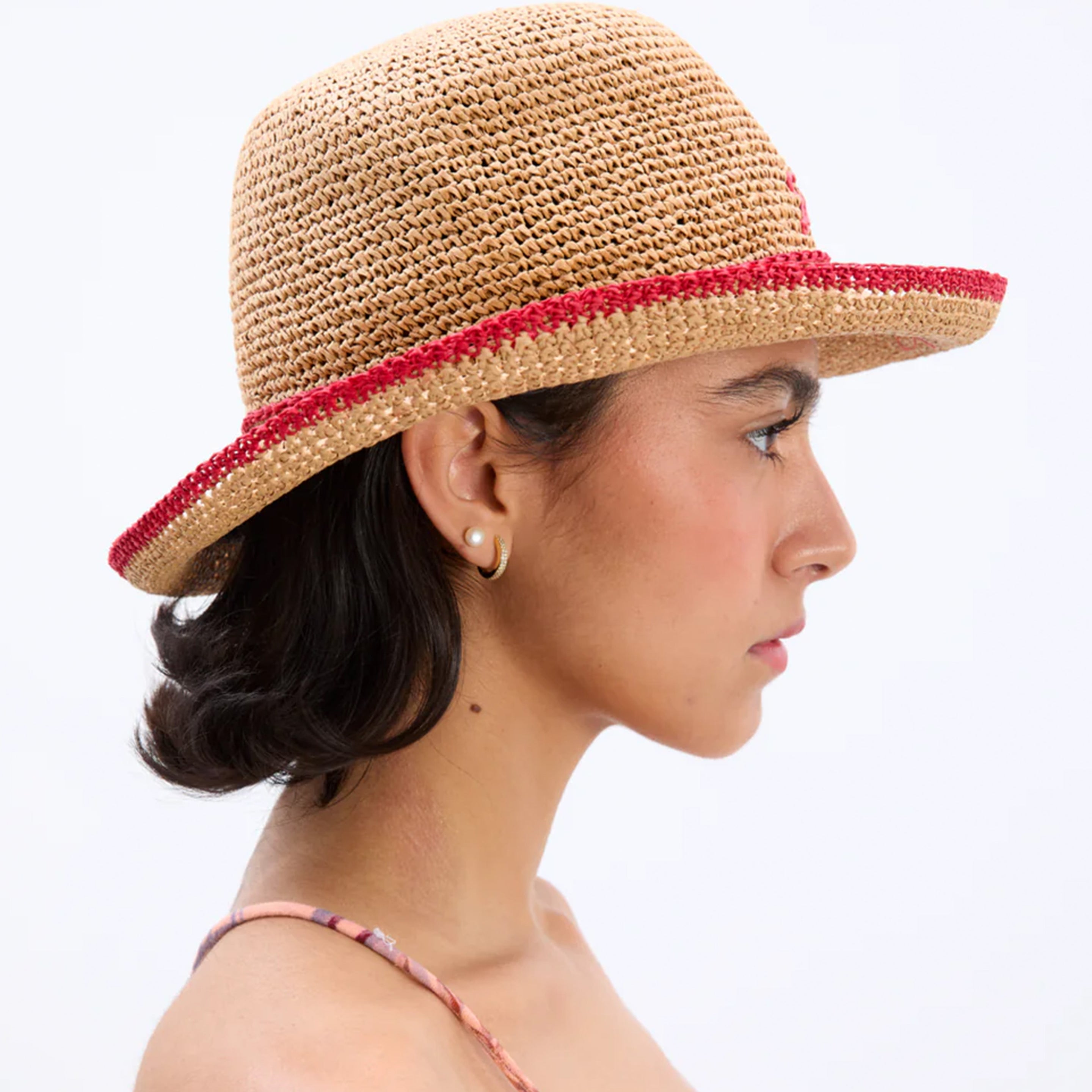 Damson Madder Roll Back Raffia Hat With Red Bow Detail Brown