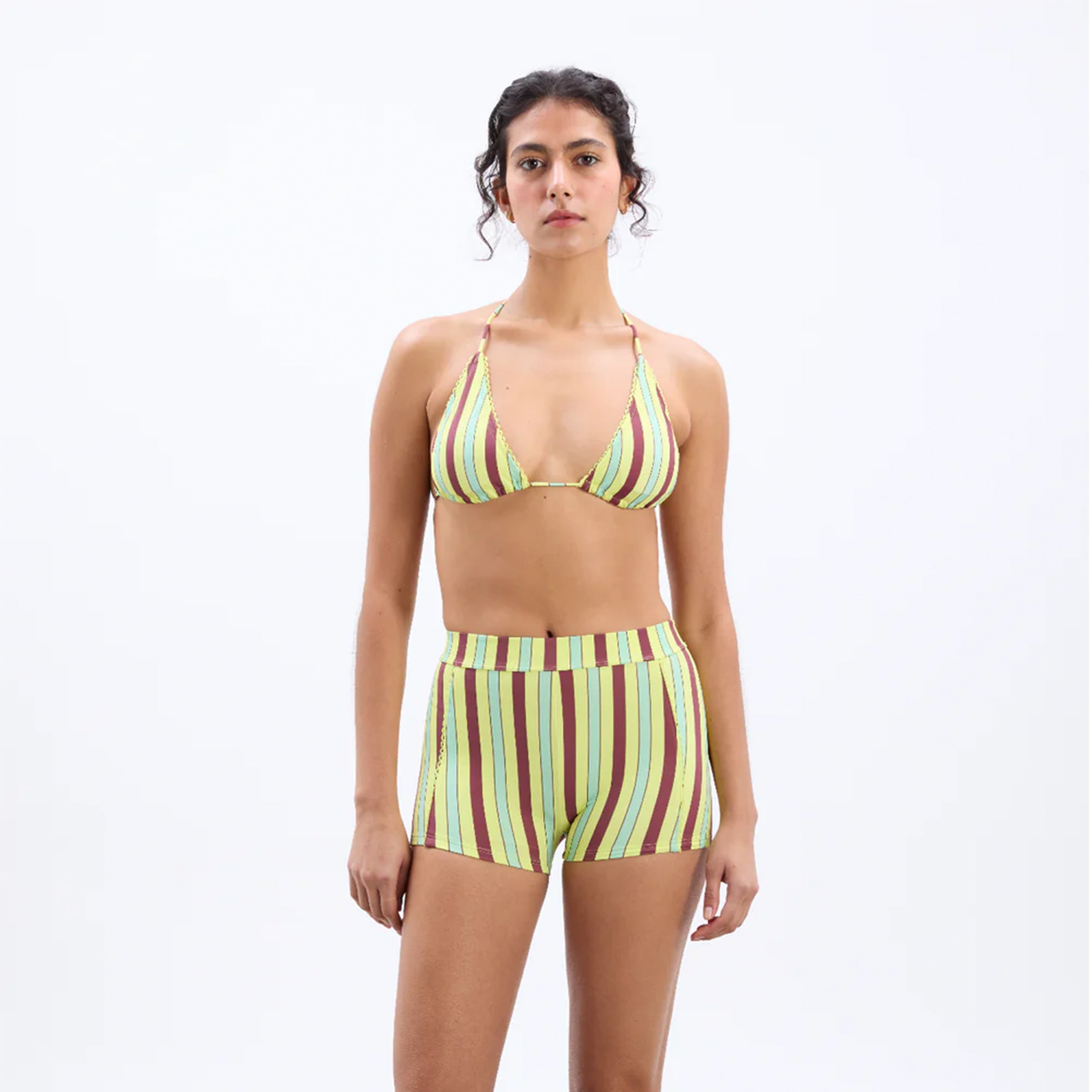 Damson Madder Picot Trim Triangle Bikini Tropical Stripe