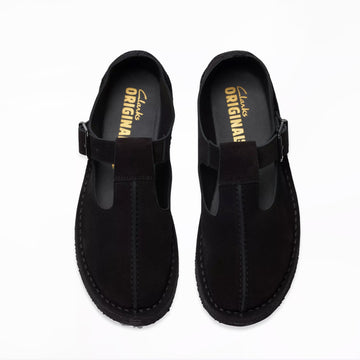Clarks Originals Womens The Trek Wedge T-Bar Black Suede - Parasol Store