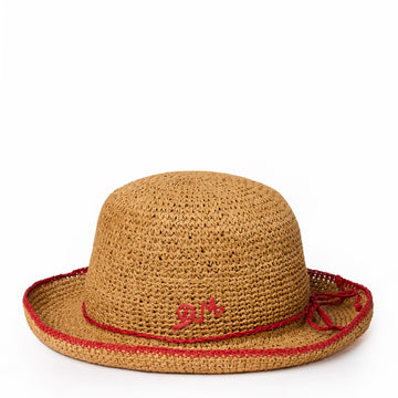 Damson Madder Roll Back Raffia Hat With Red Bow Detail Brown - Parasol Store