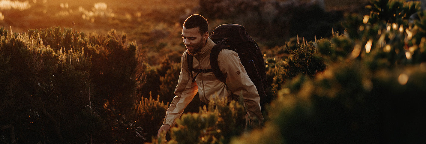 Adventurer trekking through a sunlit field with lush greenery, wearing a Fjällräven jacket and backpack, reflecting the brand's commitment to durable outdoor gear.