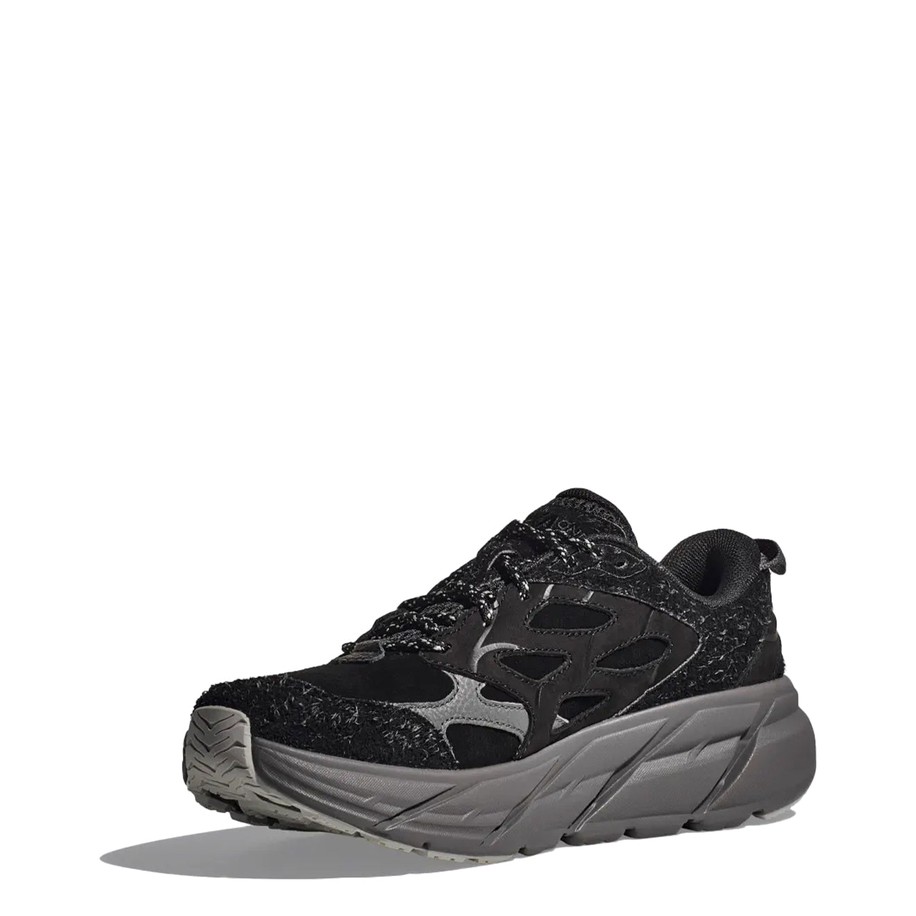 Hoka Elite Terrain System Clifton L Suede Trainer Black / Satellite Grey - Parasol Store