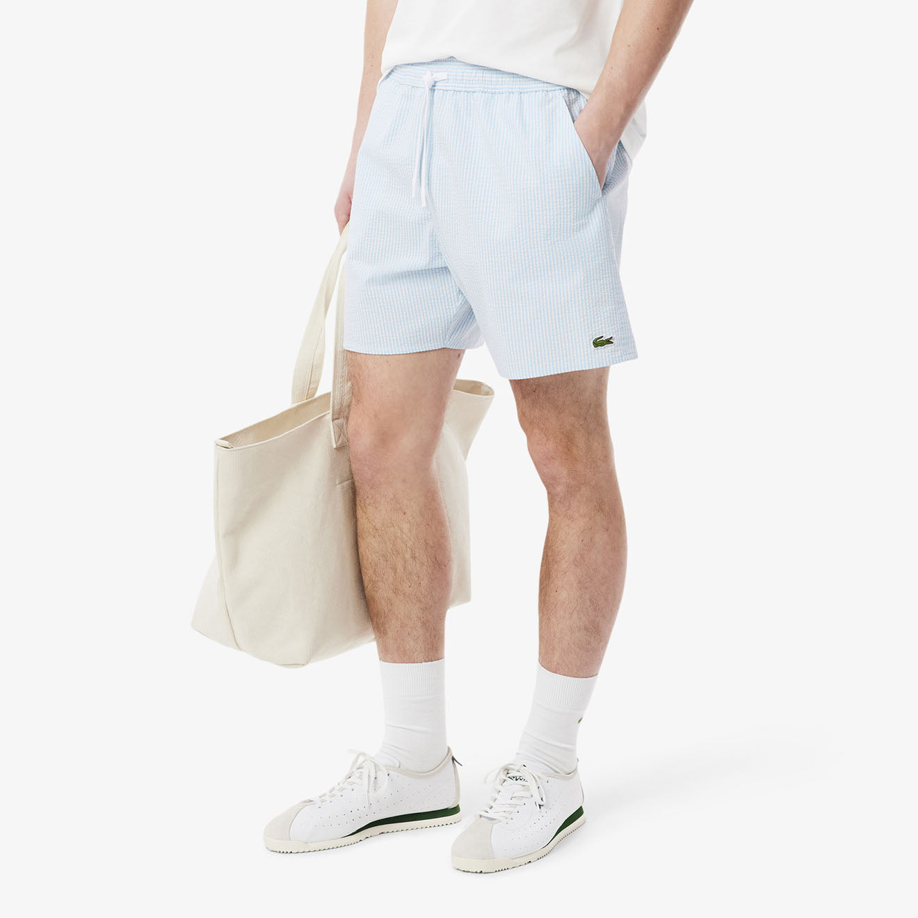Lacoste Mid Length Striped Textured Swim Trunks White/Light Blue - Parasol Store
