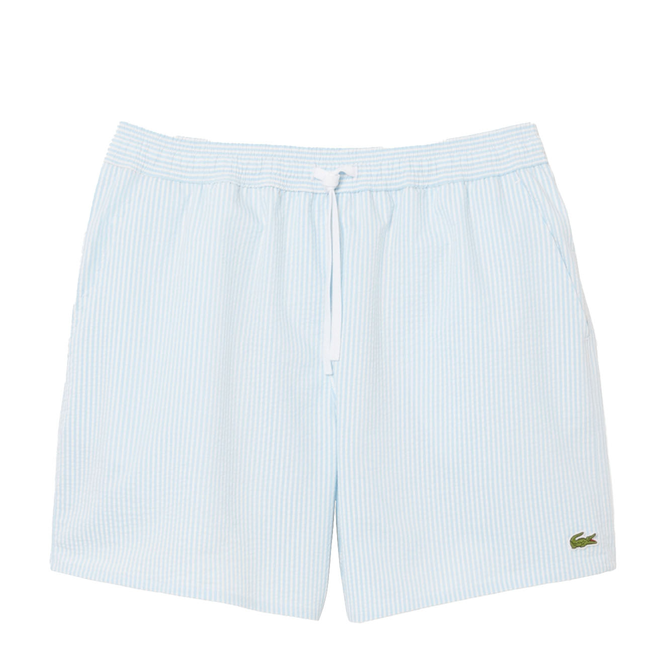 Lacoste Mid Length Striped Textured Swim Trunks White/Light Blue - Parasol Store