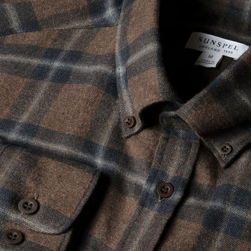 Sunspel Brushed Cotton Flannel Check Shirt Bark Check - Parasol Store