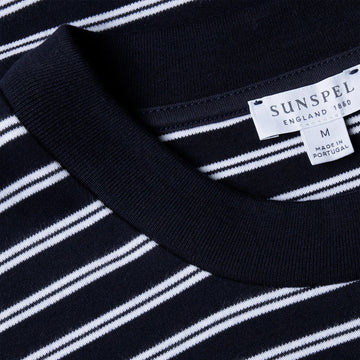 Sunspel Heavy Weight Stripe S/S Crew Tee Navy / White - Parasol Store