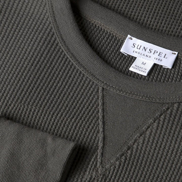 Sunspel L/S Waffle T-Shirt Drill Green - Parasol Store