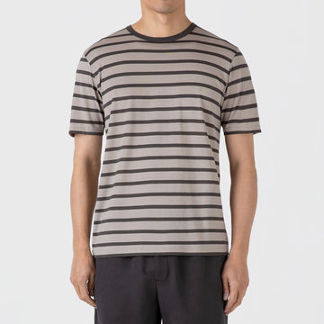 Sunspel S/S Stripe Crew Neck Tee Ash Grey / Charcoal - Parasol Store