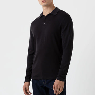 Sunspel Sea Island L/S Polo Knitwear Black - Parasol Store