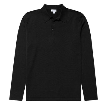 Sunspel Sea Island L/S Polo Knitwear Black - Parasol Store