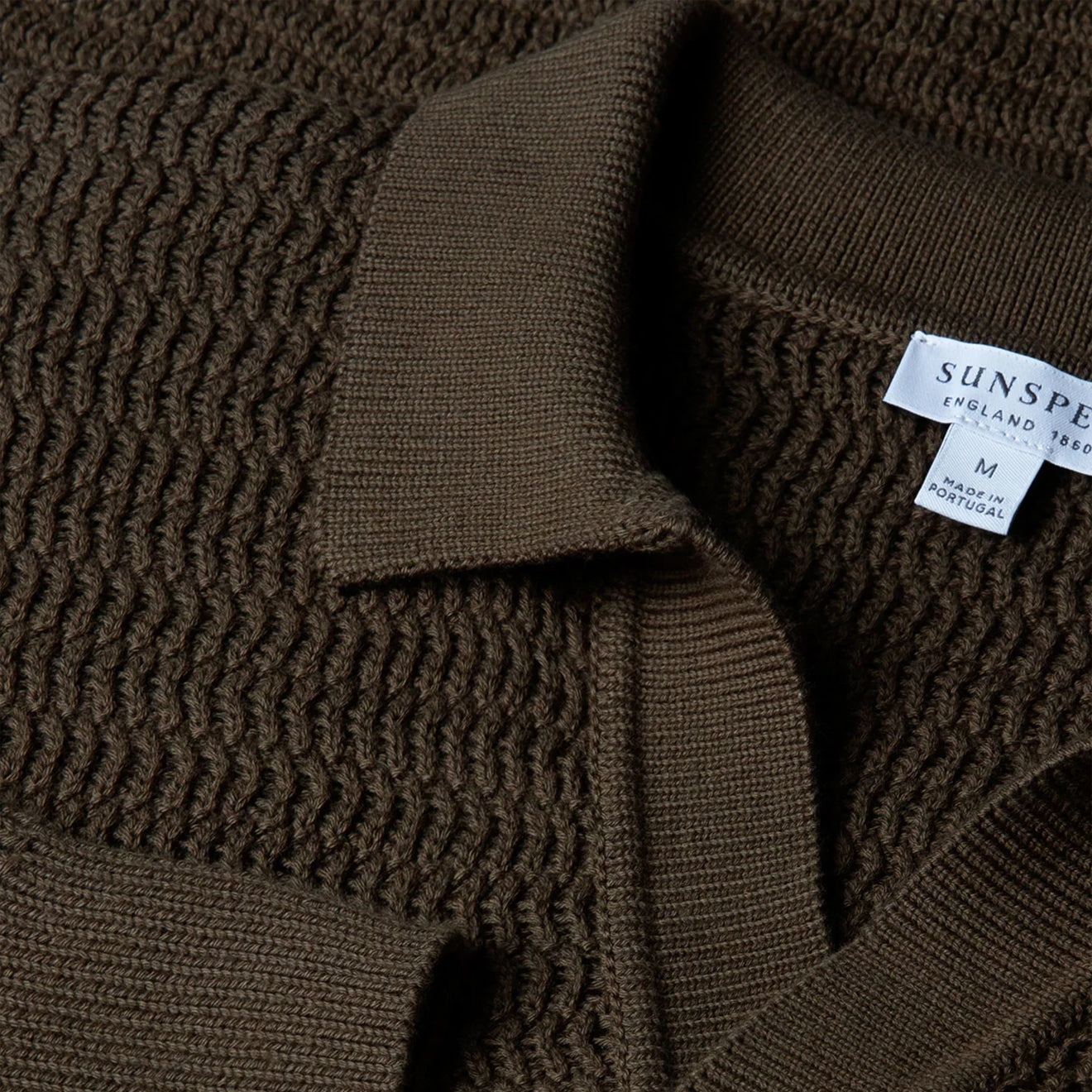 Sunspel Textured Cotton L/S Polo Knitwear Khaki - Parasol Store