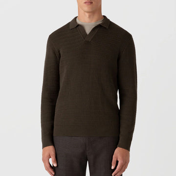 Sunspel Textured Cotton L/S Polo Knitwear Khaki - Parasol Store