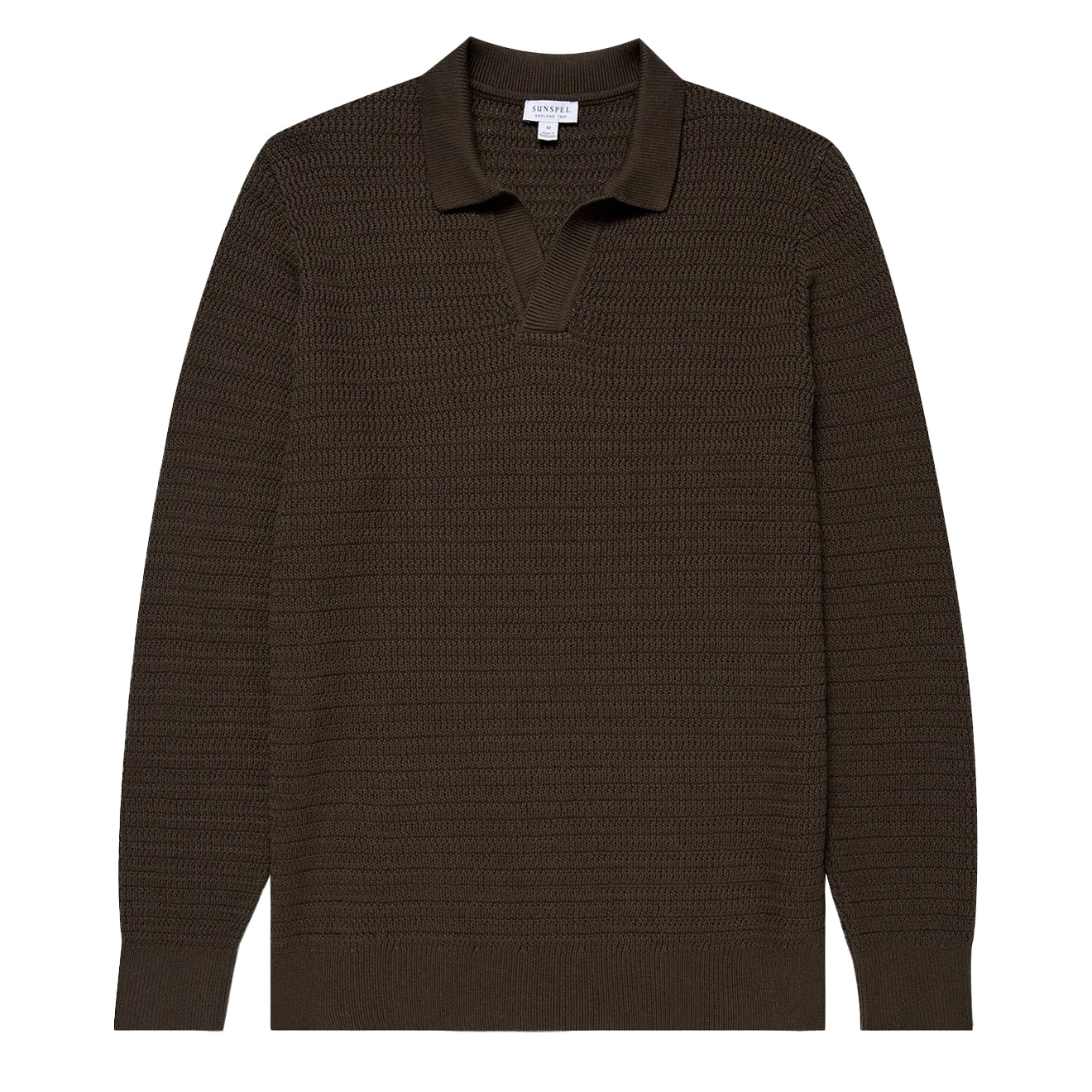 Sunspel Textured Cotton L/S Polo Knitwear Khaki - Parasol Store
