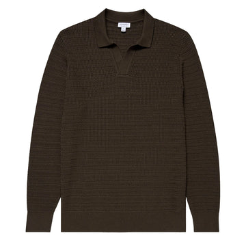 Sunspel Textured Cotton L/S Polo Knitwear Khaki - Parasol Store