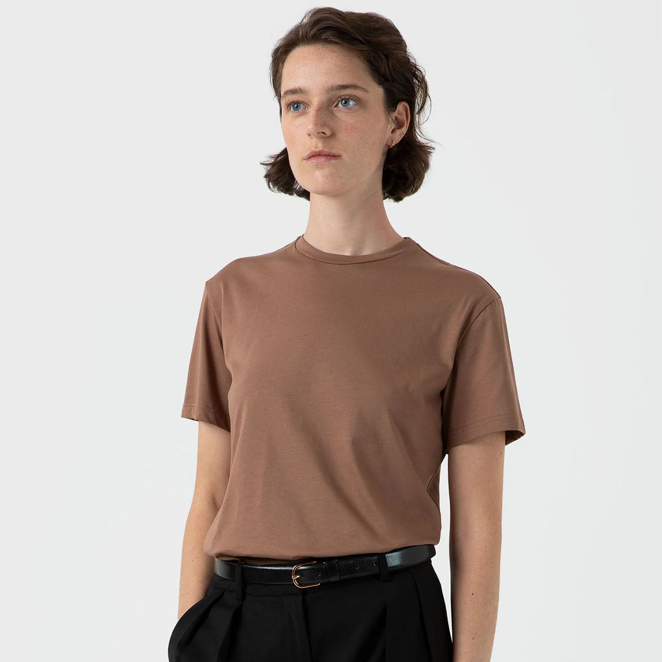 Sunspel Womens Boy Fit Crew Neck T-Shirt Dark Sand - Parasol Store