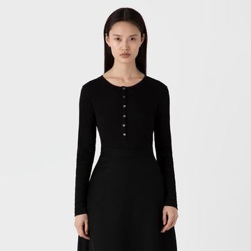 Sunspel Womens Rib Henley Black - Parasol Store