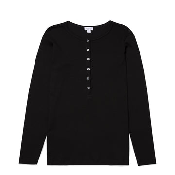 Sunspel Womens Rib Henley Black - Parasol Store