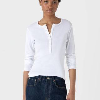 Sunspel Womens Rib Henley White - Parasol Store