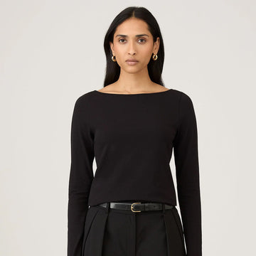 Sunspel Womens Slash Neck L/S Top Black - Parasol Store