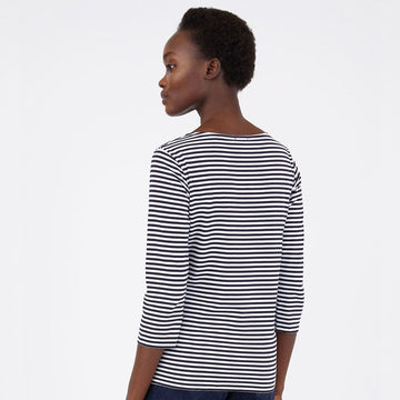 Sunspel Womens 3/4 Sleeve Boat Neck T-Shirt White / Navy Stripe Sunspel