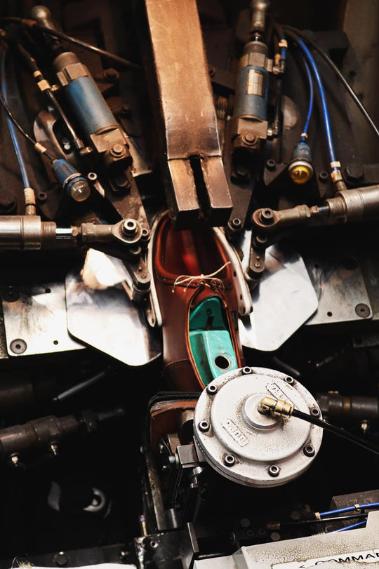 Manufacturing jig used in the assembly process of Paraboot shoes at the Saint-Jean-de-Moirans factory.