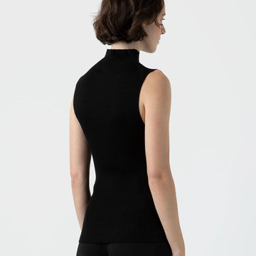 Sunspel Womens Mulberry Silk Rib Vest Jumper Black - Parasol Store