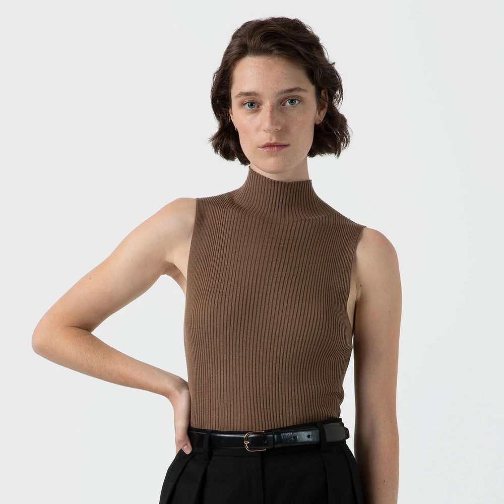 Sunspel Womens Mulberry Silk Rib Vest Jumper Dark Sand - Parasol Store