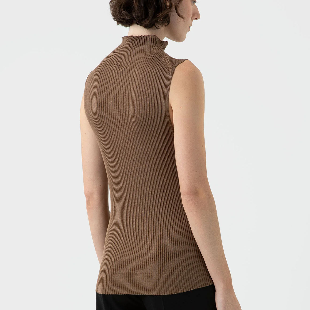 Sunspel Womens Mulberry Silk Rib Vest Jumper Dark Sand - Parasol Store
