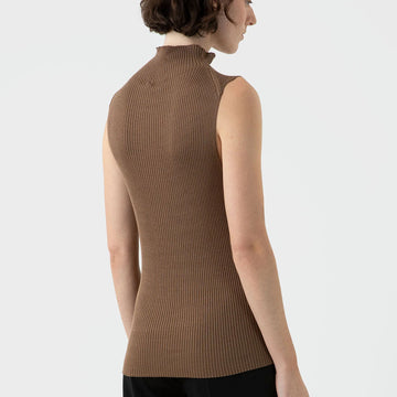 Sunspel Womens Mulberry Silk Rib Vest Jumper Dark Sand - Parasol Store