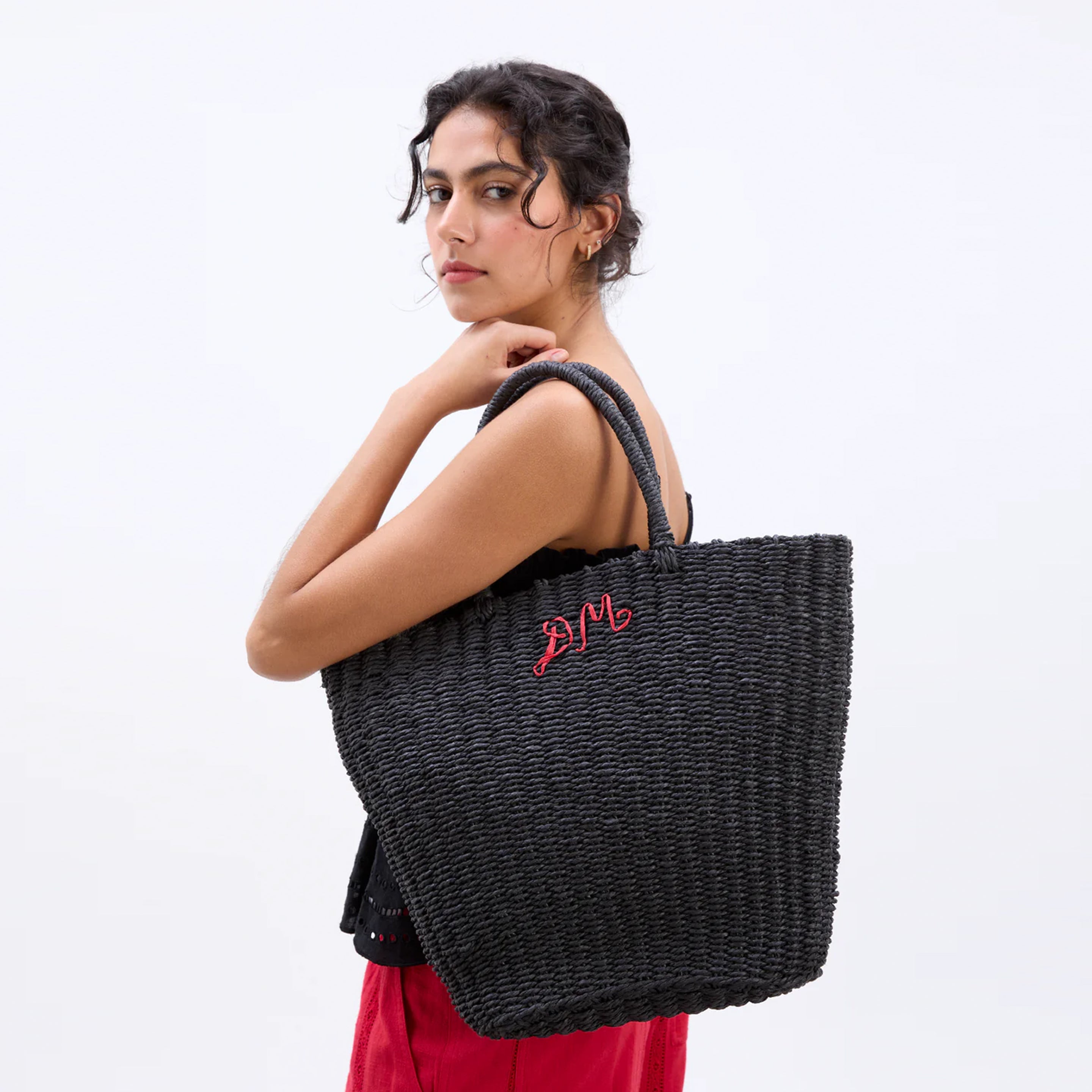 Damson Madder Straw Market Bag With Logo Black