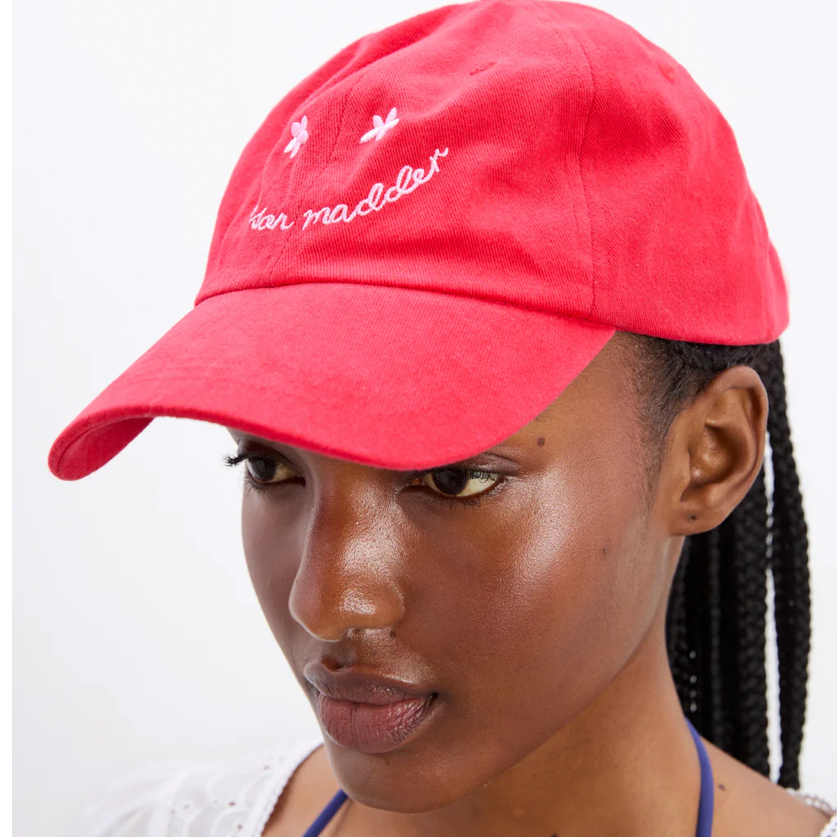 Damson Madder Washed Smiley Cap Red With Pink Embroidery