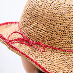 Damson Madder Roll Back Raffia Hat With Red Bow Detail Brown - Parasol Store