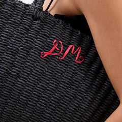Damson Madder Straw Market Bag With Logo Black - Parasol Store
