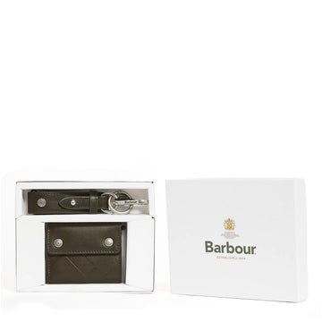 Barbour Brunton Leather Wallet & Key Fob Gift Set Dark Olive