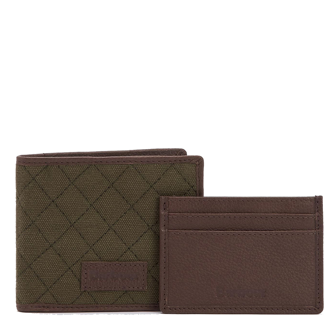 Barbour Quilted Padbury Wallet And Card Holder Gift Set Dark Brown/Olive - Parasol Store