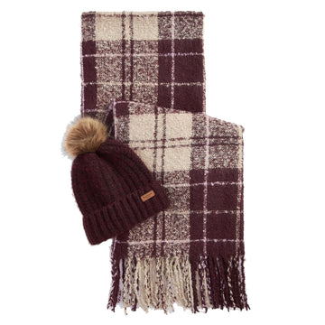 Barbour Saltburn Beanie And Tartan Scarf Gift Set Cabernet - Parasol Store