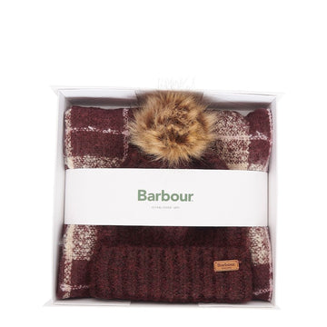 Barbour Saltburn Beanie And Tartan Scarf Gift Set Cabernet - Parasol Store