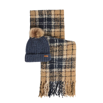 Barbour Womens Barbour Saltburn Beanie & Tartan Scarf Gift Set Birchwood
