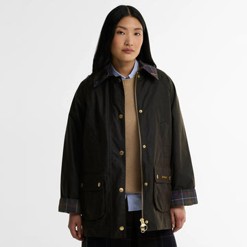 Barbour Womens Icons Tartan Collar Modern Beadnell Wax Jacket Olive / Classic